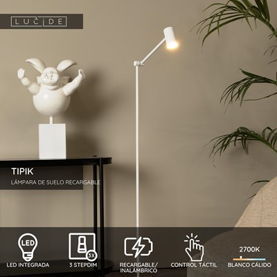 Lucide TIPIK - Lámpara de suelo Recargable - Batería/acumulador - LED 3 StepDim - 1x3W 2700K - Blanco